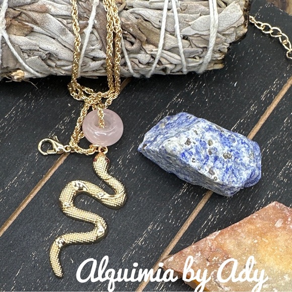 Pink Quartz donut pendants gold steel snake charm necklace for layering - Picture 1 of 7